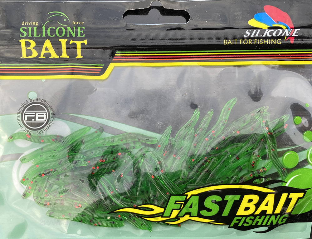 Силиконовая приманка Silicone Bait Зелёная личинка длинная с цветными блёстками (50 шт.)